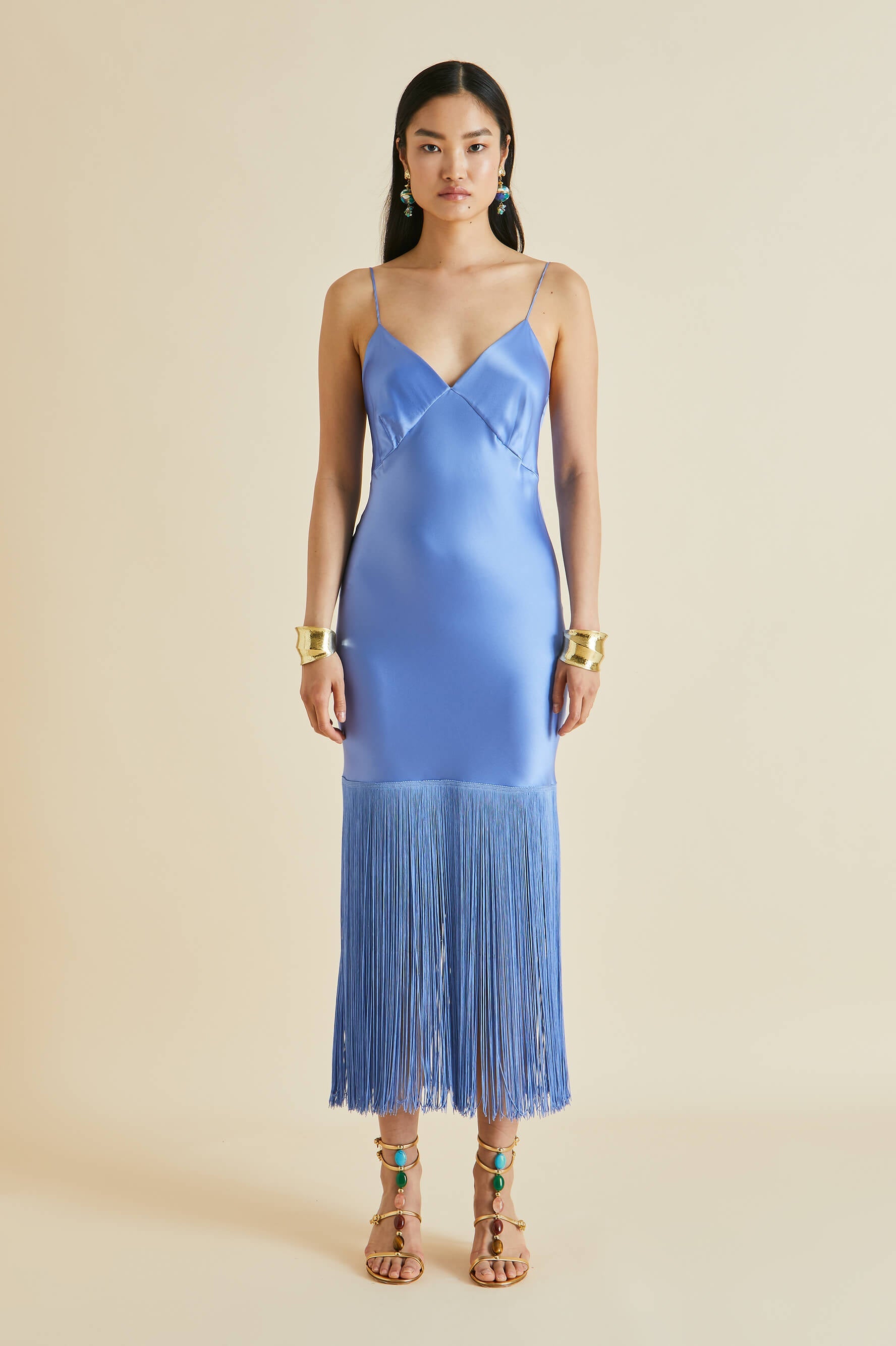 Zoya Blue Fringed Silk Satin Slip Dress