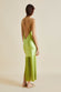 Zoya Palm Green Silk Satin Fringed Slip Dress