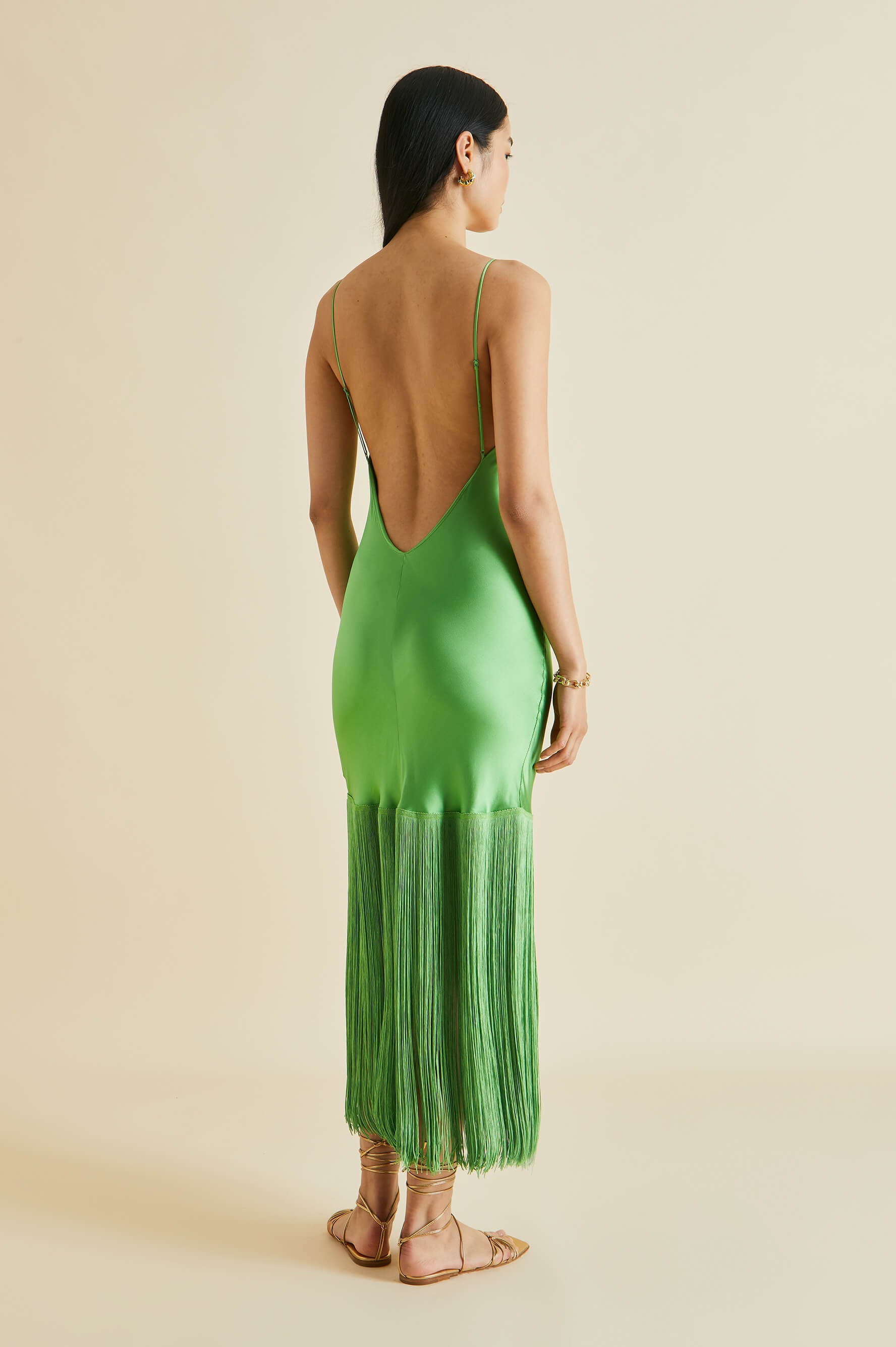 Zoya Parakeet Green Fringed Silk Satin Slip Dress