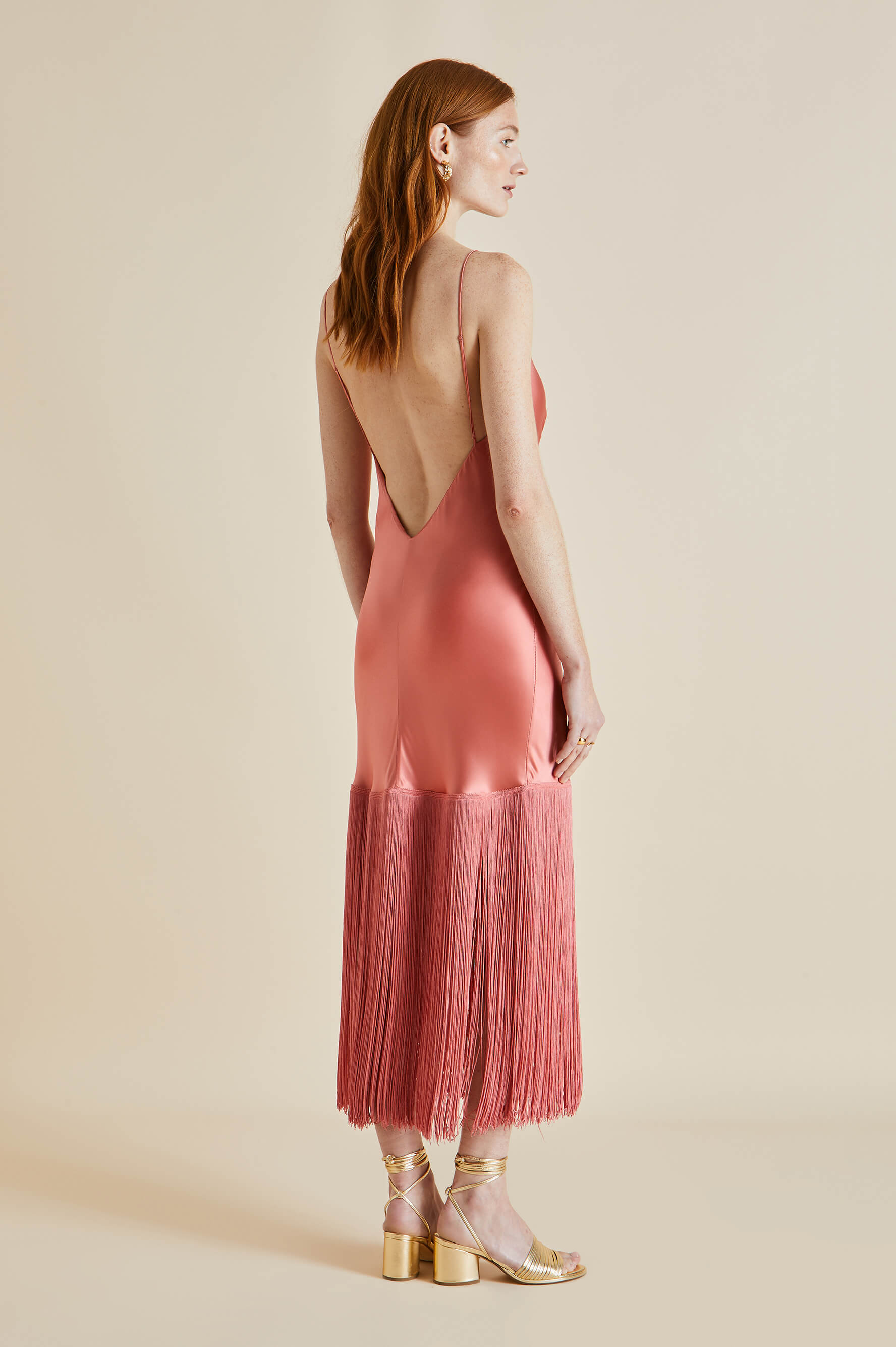 Zoya Rose Pink Silk Satin Fringed Slip Dress
