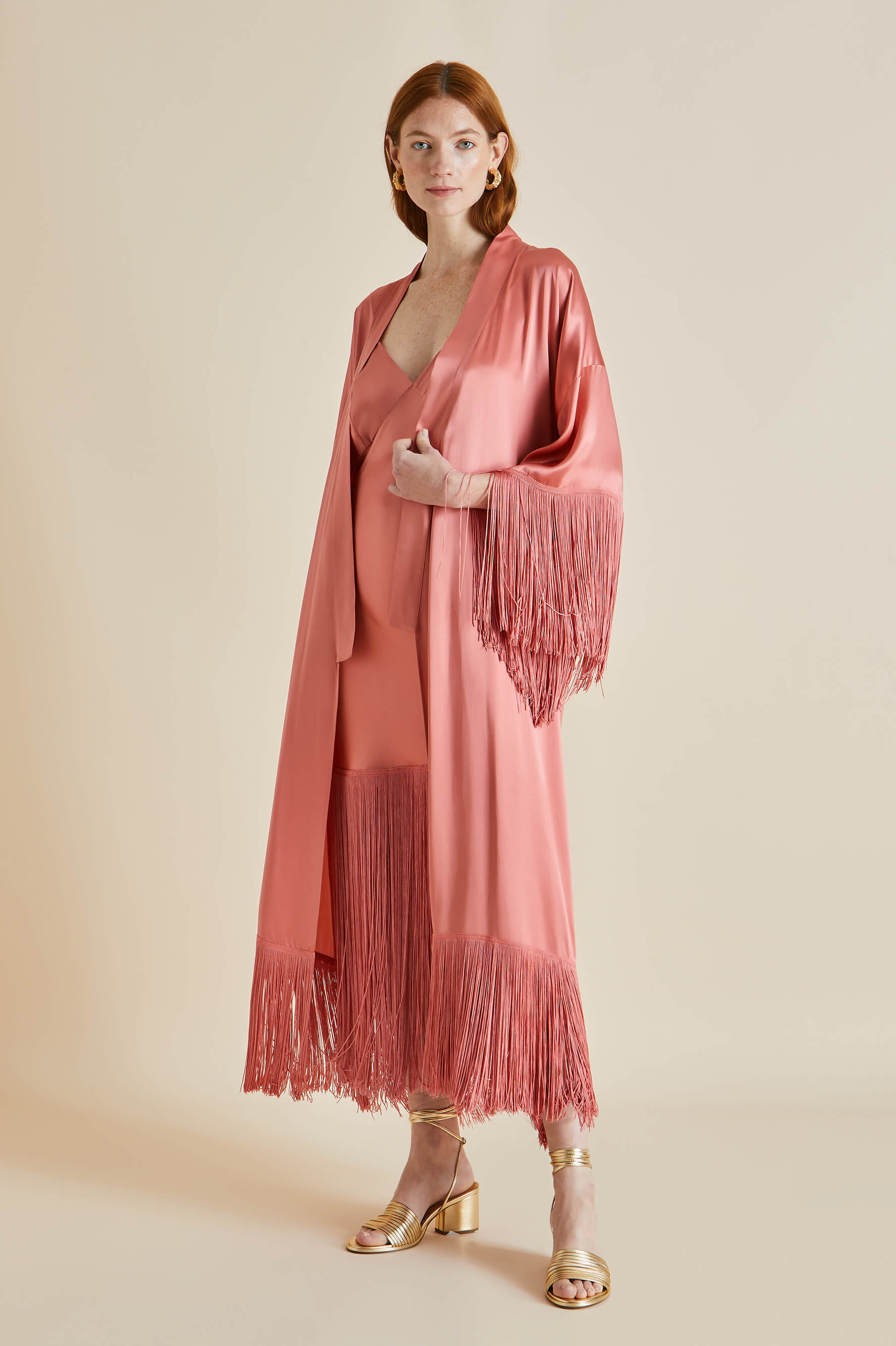 Zoya Rose Pink Silk Satin Fringed Slip Dress