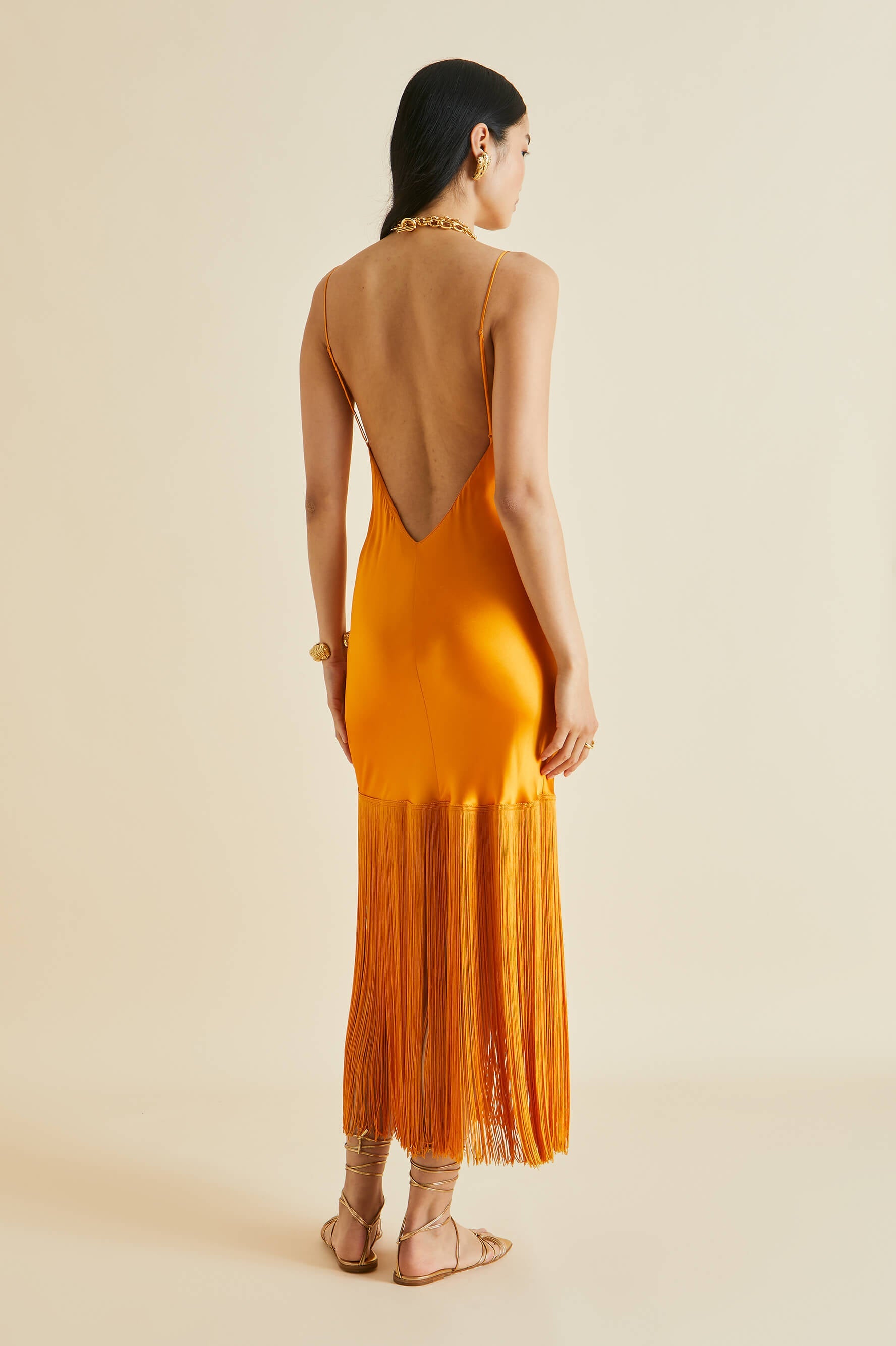 Zoya Orange Fringed Silk Satin Slip Dress